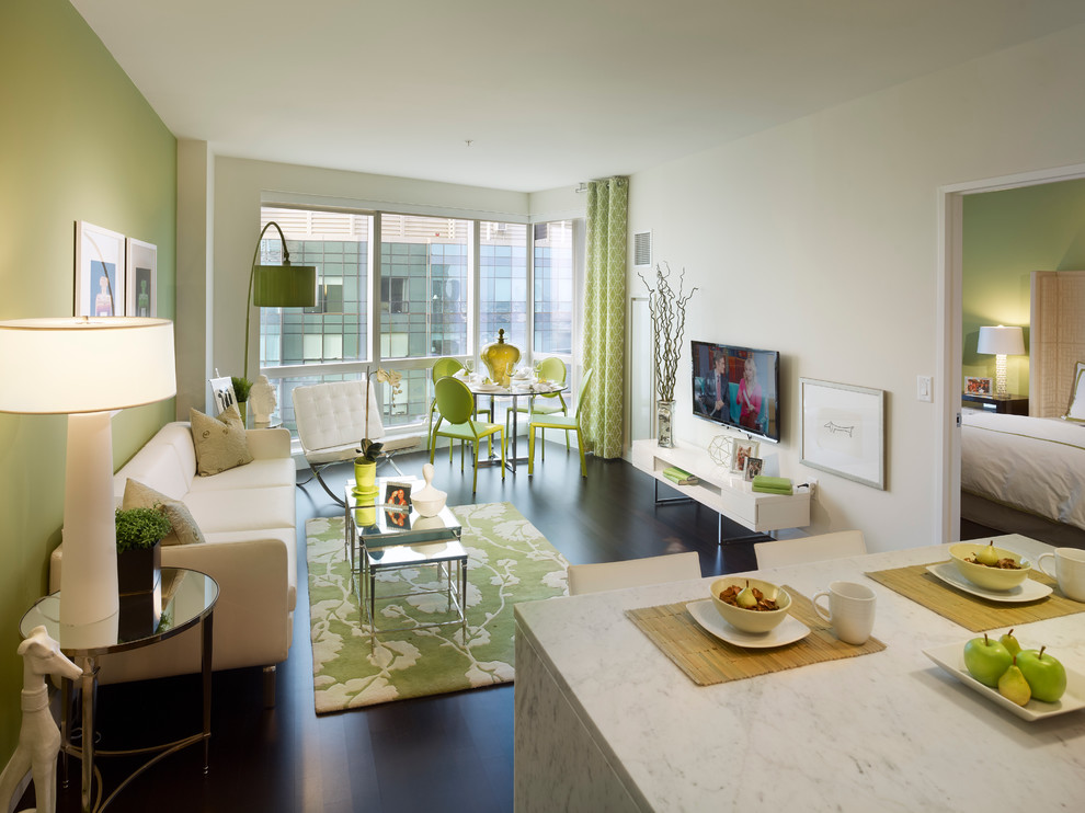 Kleines, Offenes Modernes Wohnzimmer mit grüner Wandfarbe, dunklem Holzboden und freistehendem TV in New York