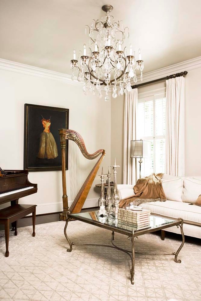 Large traditional enclosed living room curtain in Other with white walls, a music area and dark hardwood flooring.