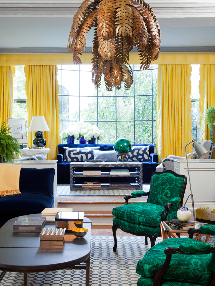 Example of an eclectic medium tone wood floor living room design in New York