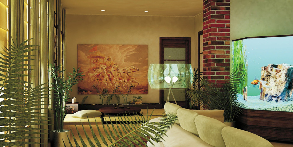 Immagine di un soggiorno tropicale con pareti beige