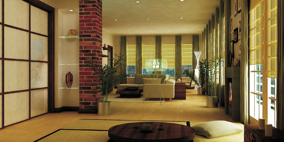 Diseño de salón tropical con paredes beige