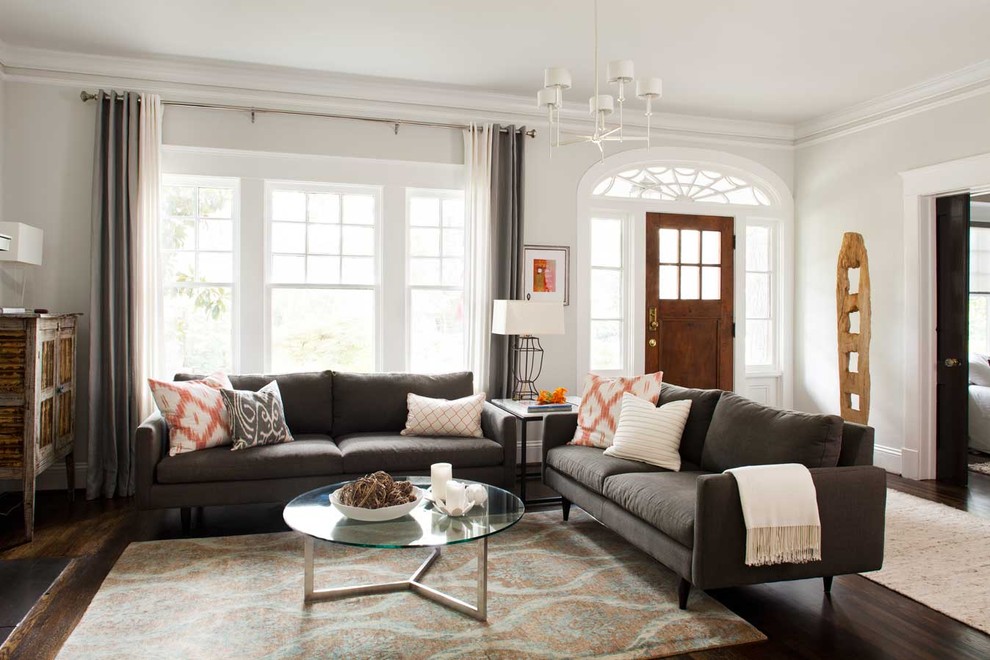 Mid-sized trendy formal and open concept dark wood floor living room photo in Atlanta with gray walls