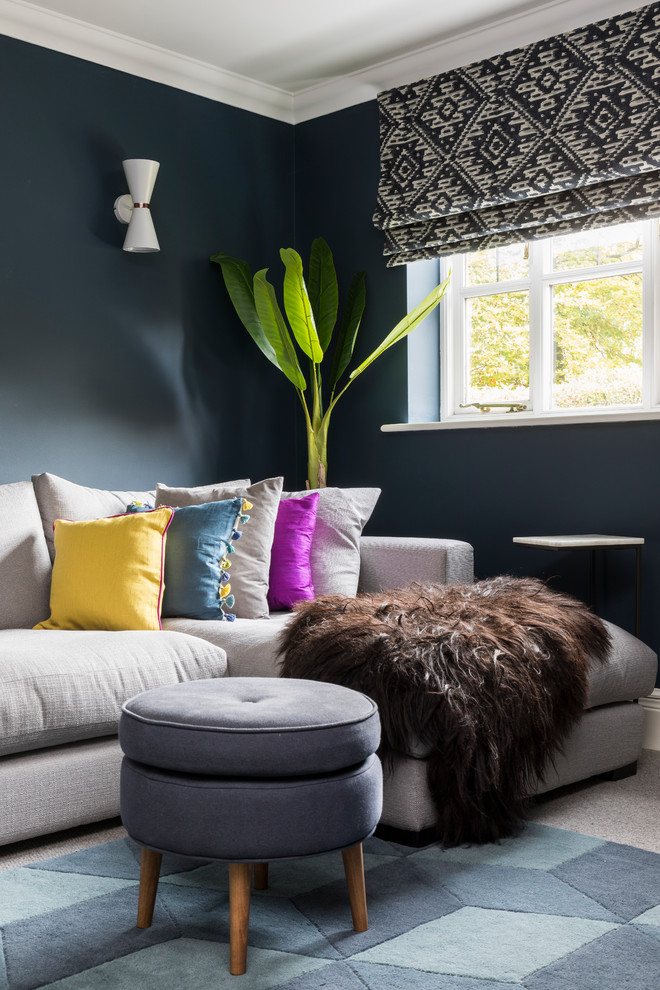 サリーにあるお手頃価格の中くらいなコンテンポラリースタイルのおしゃれな独立型リビング (青い壁、カーペット敷き、壁掛け型テレビ、グレーの床) の写真