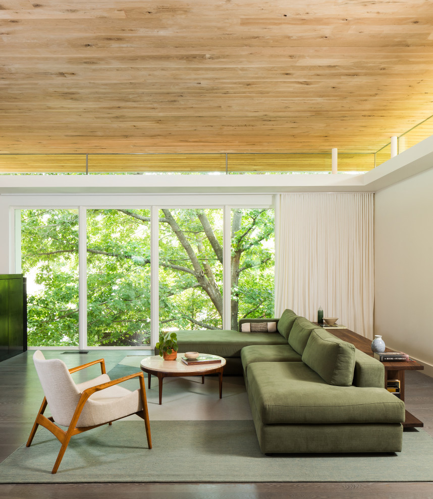 Foto de salón abierto minimalista de tamaño medio con paredes blancas, suelo de madera oscura, chimeneas suspendidas y televisor retractable