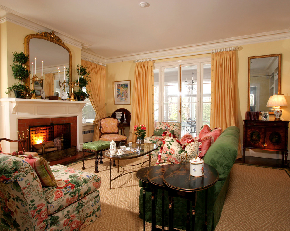 Mid-sized elegant formal and enclosed dark wood floor and brown floor living room photo in New York with yellow walls, a standard fireplace, no tv and a wood fireplace surround
