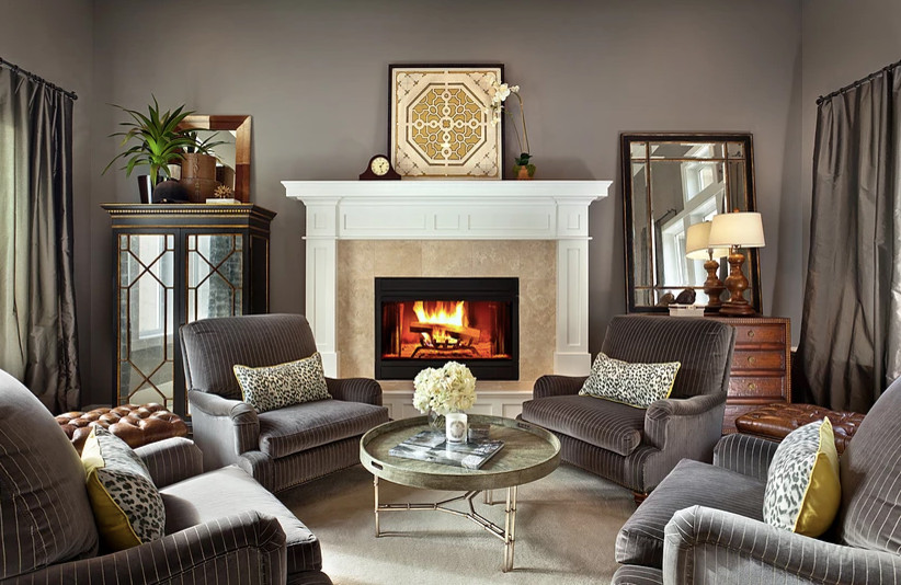 Design ideas for a medium sized classic formal open plan living room in Seattle with grey walls, carpet, a standard fireplace, a tiled fireplace surround, no tv and beige floors.