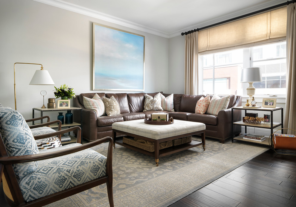 Medium sized classic open plan living room in Denver with beige walls, dark hardwood flooring and brown floors.