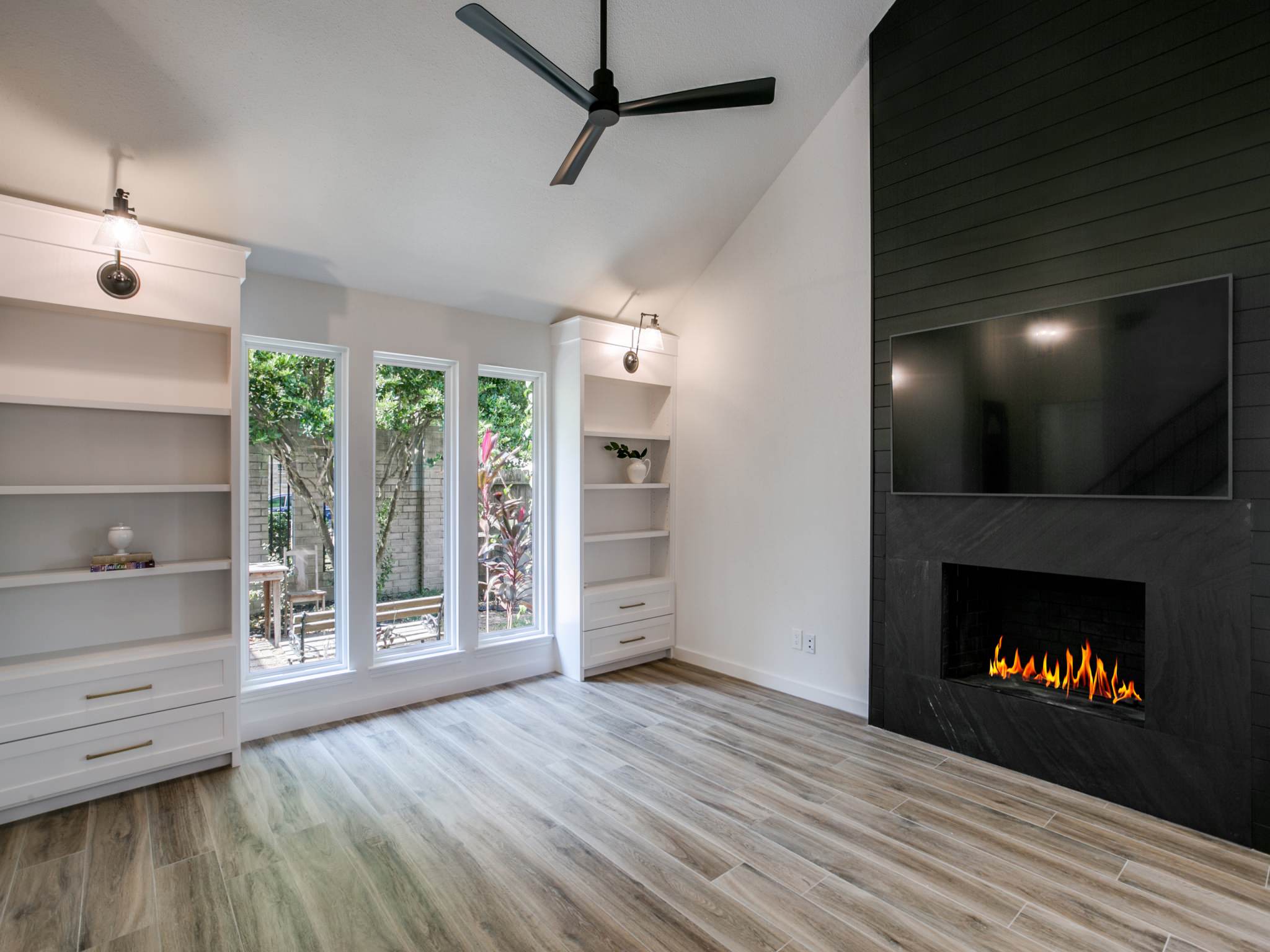 Shiplap Fireplace With Vaulted Ceiling