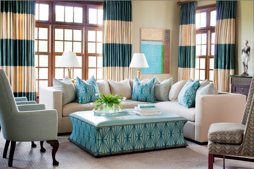 Example of a large classic open concept carpeted living room design in Little Rock with beige walls
