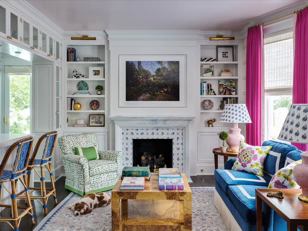 Living room - traditional dark wood floor and brown floor living room idea in DC Metro with white walls, a standard fireplace and a tile fireplace