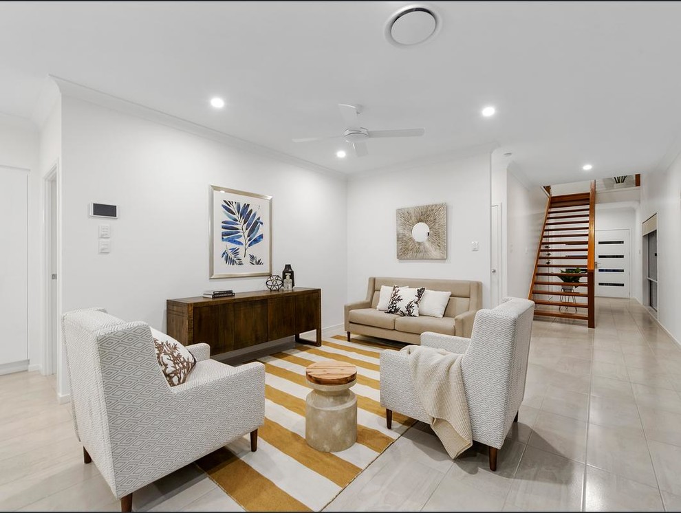 Design ideas for a medium sized contemporary open plan living room in Brisbane with white walls and ceramic flooring.