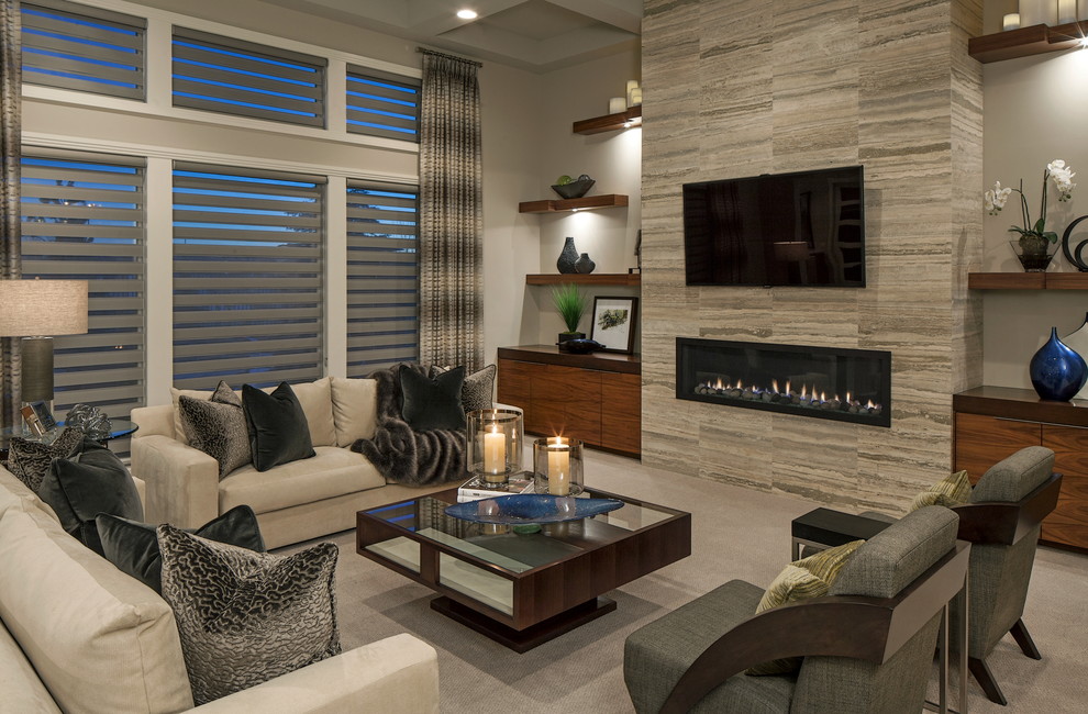 Inspiration for a contemporary formal carpeted living room remodel in Omaha with white walls, a ribbon fireplace and a wall-mounted tv