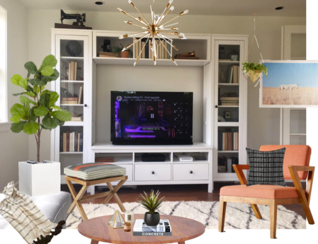 Mittelgroßes Modernes Wohnzimmer ohne Kamin mit weißer Wandfarbe, dunklem Holzboden und freistehendem TV in Phoenix