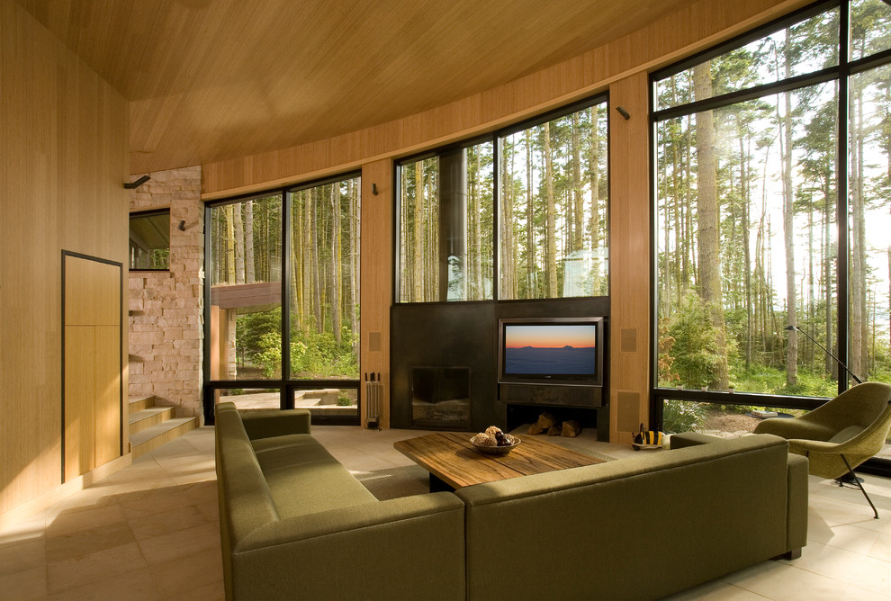 Photo of a contemporary open plan living room in Seattle with a wall mounted tv.