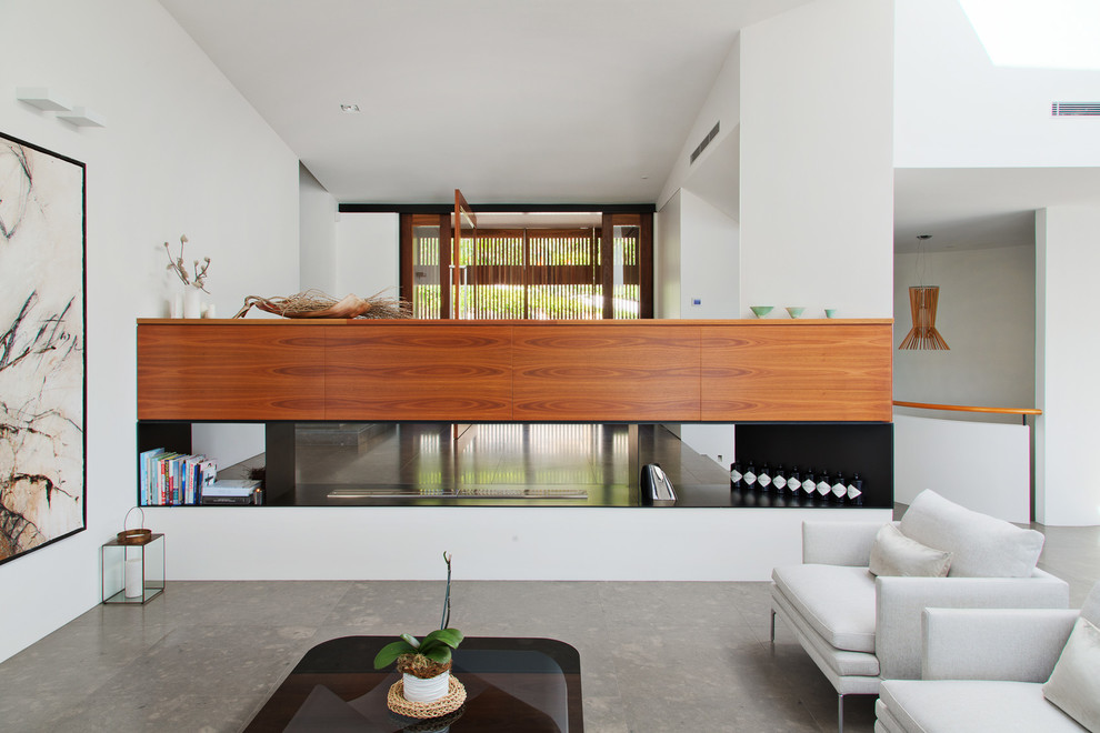 Modernes Wohnzimmer mit weißer Wandfarbe, Betonboden und Tunnelkamin in Sydney