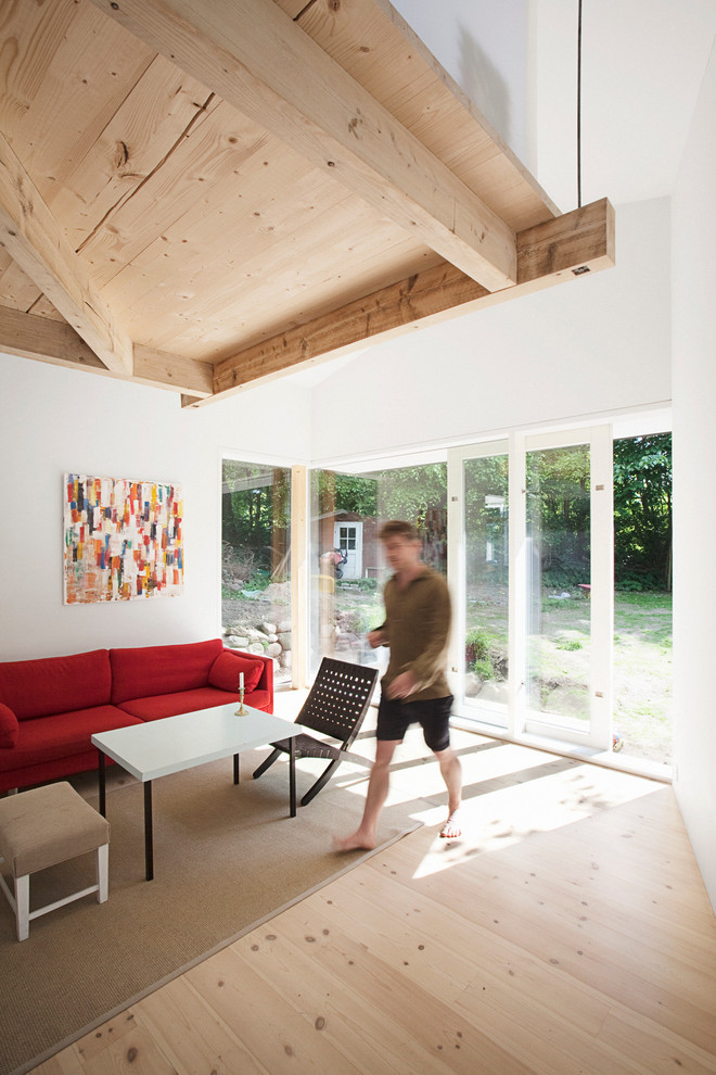 Diseño de salón tipo loft nórdico pequeño con paredes blancas, suelo de madera en tonos medios y todas las chimeneas