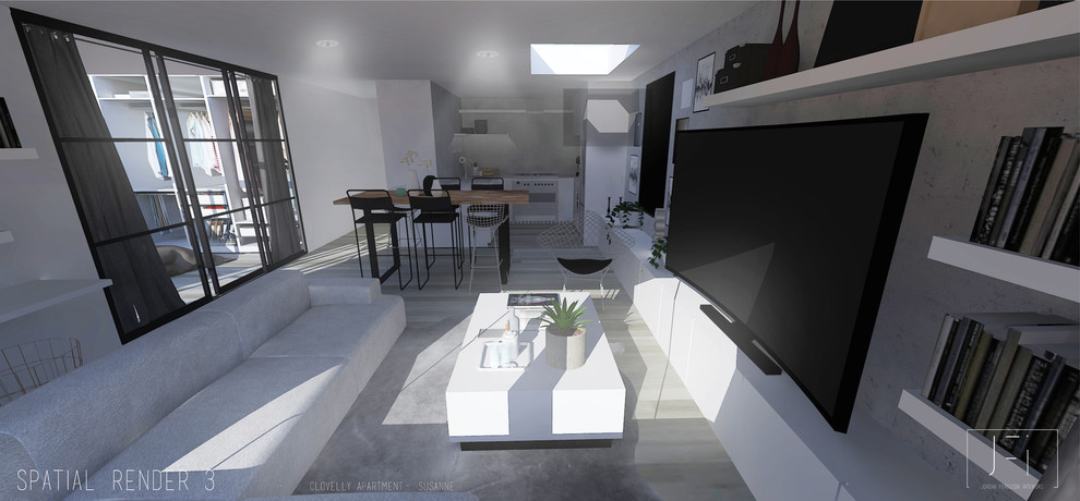 Foto de salón abierto nórdico de tamaño medio sin chimenea con paredes grises, suelo de madera clara y televisor independiente