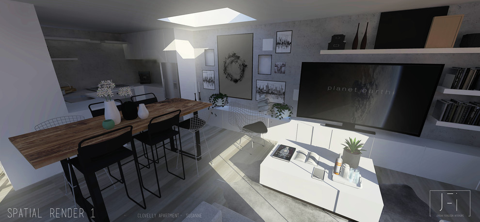 На фото: открытая гостиная комната среднего размера в скандинавском стиле с серыми стенами, светлым паркетным полом и отдельно стоящим телевизором без камина
