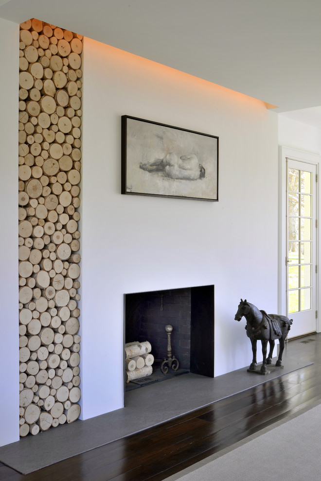 Imagen de salón para visitas cerrado minimalista sin televisor con paredes blancas, suelo de madera oscura, todas las chimeneas y marco de chimenea de metal