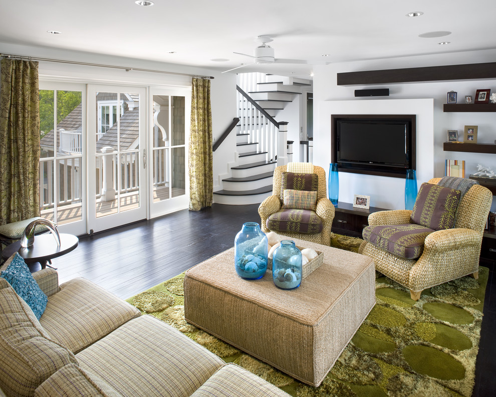 Beach style living room photo in Philadelphia with white walls