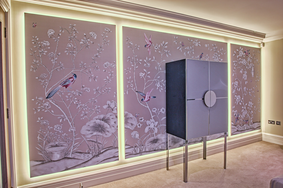 Идея дизайна: большая парадная, изолированная гостиная комната в современном стиле с разноцветными стенами и ковровым покрытием