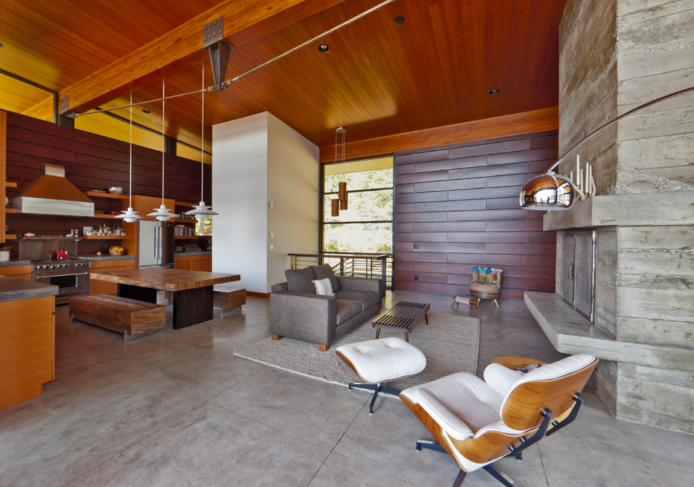 На фото: открытая гостиная комната в стиле модернизм с бетонным полом