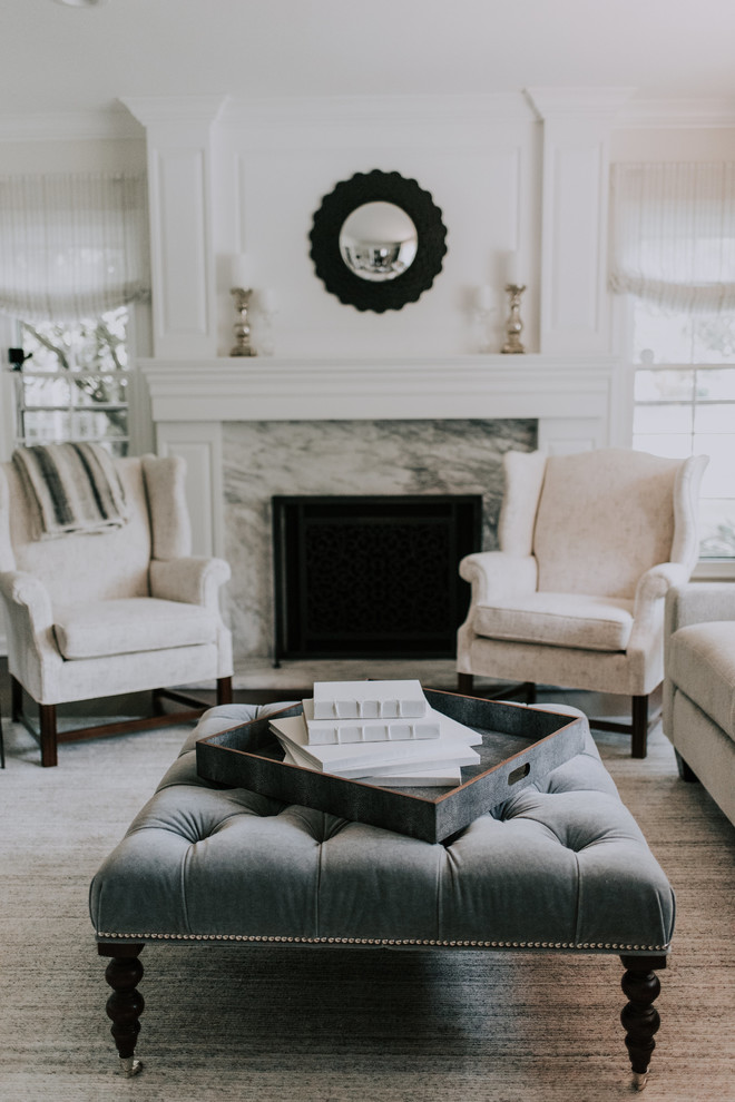 Design ideas for a large scandi formal enclosed living room in Cleveland with grey walls, dark hardwood flooring, a standard fireplace, a stone fireplace surround, no tv and black floors.
