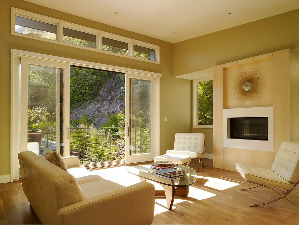Immagine di un soggiorno design di medie dimensioni con pareti beige e camino lineare Ribbon