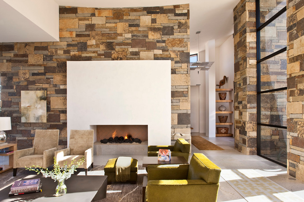 Inspiration for a huge modern formal and open concept gray floor living room remodel in Phoenix with a ribbon fireplace, white walls, a concealed tv and a plaster fireplace