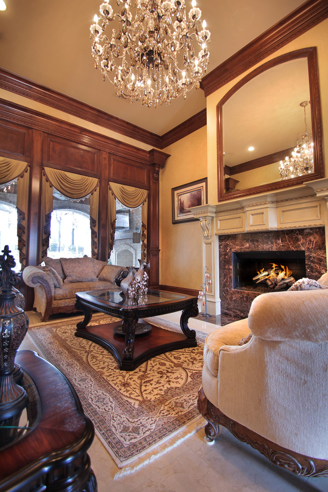 Example of a huge classic formal and open concept carpeted living room design in Dallas with a standard fireplace, beige walls, a plaster fireplace and no tv