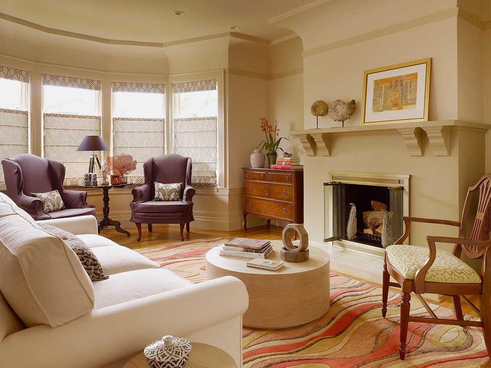 Example of a transitional living room design in San Francisco with multicolored walls