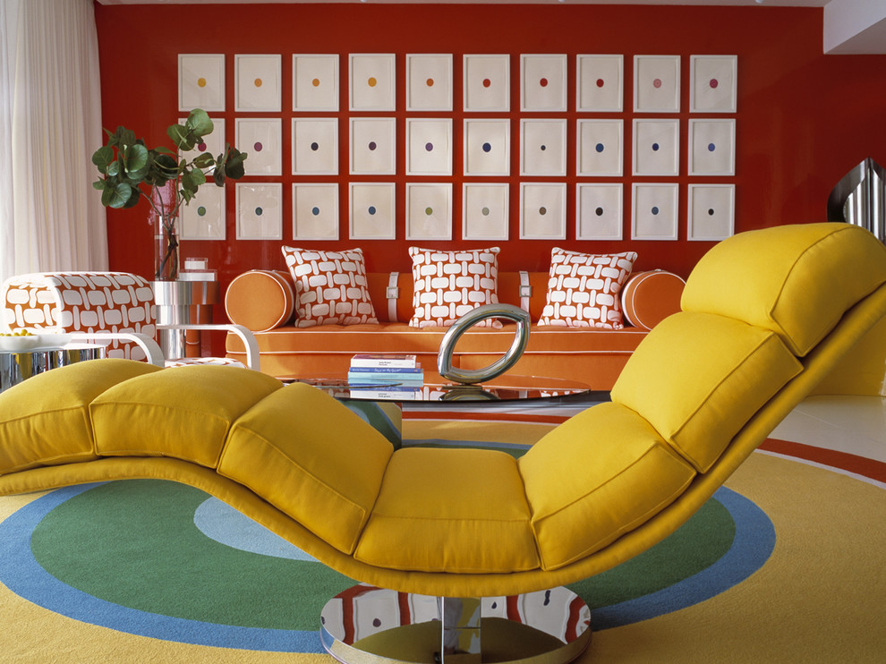 Living room - large modern living room idea in New York with red walls