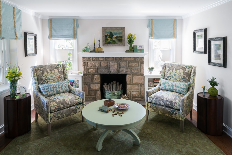 Photo of a small traditional grey and teal living room in Philadelphia.
