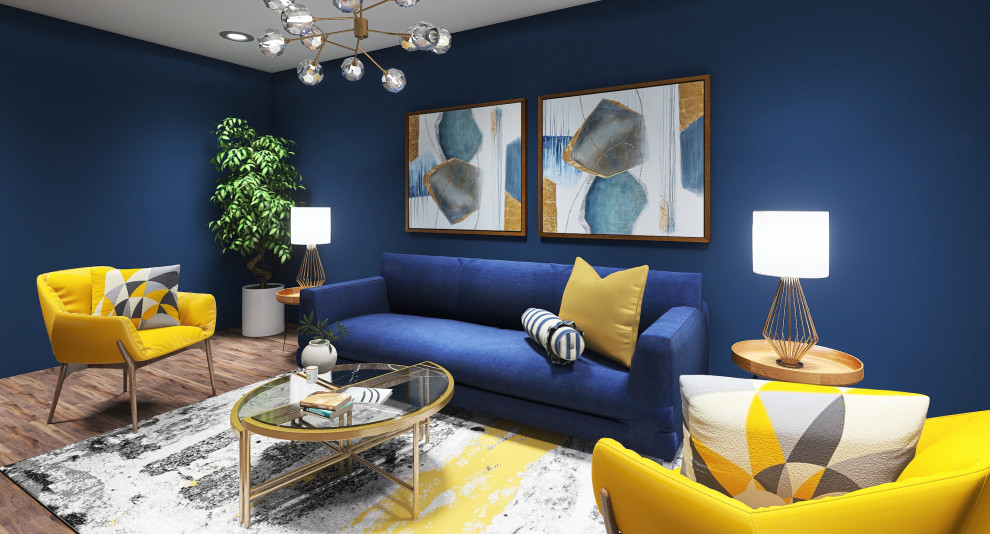 Foto de salón cerrado minimalista pequeño sin chimenea con paredes azules, suelo de madera en tonos medios, televisor independiente, suelo marrón y ladrillo