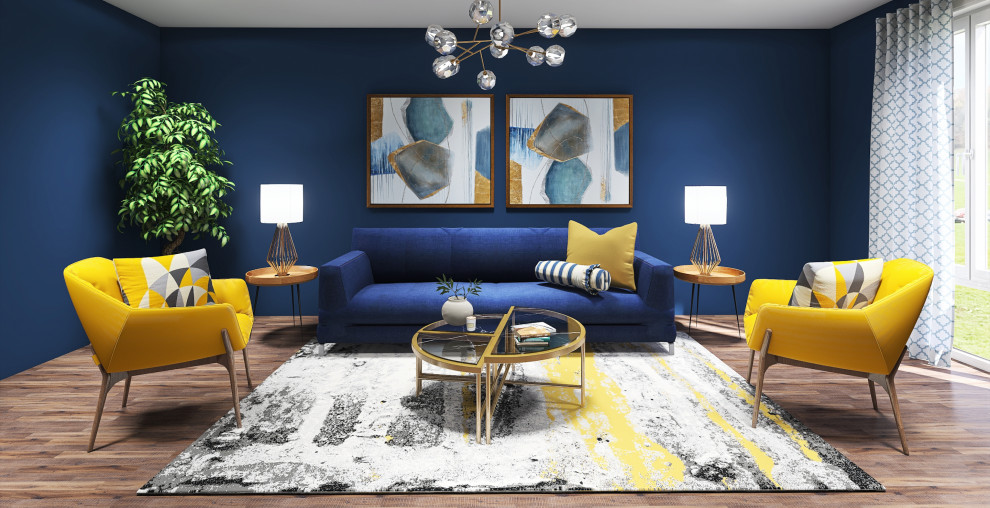 Свежая идея для дизайна: маленькая изолированная гостиная комната в стиле модернизм с синими стенами, паркетным полом среднего тона, отдельно стоящим телевизором, коричневым полом и кирпичными стенами без камина для на участке и в саду - отличное фото интерьера