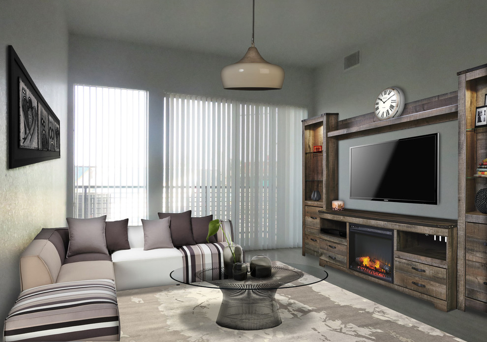 デンバーにある高級な広いコンテンポラリースタイルのおしゃれな独立型リビング (白い壁、磁器タイルの床、標準型暖炉、木材の暖炉まわり、据え置き型テレビ) の写真