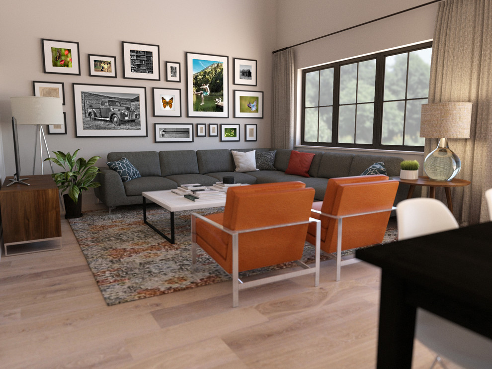 Mittelgroßes, Offenes Retro Wohnzimmer mit beiger Wandfarbe, hellem Holzboden und beigem Boden in Salt Lake City