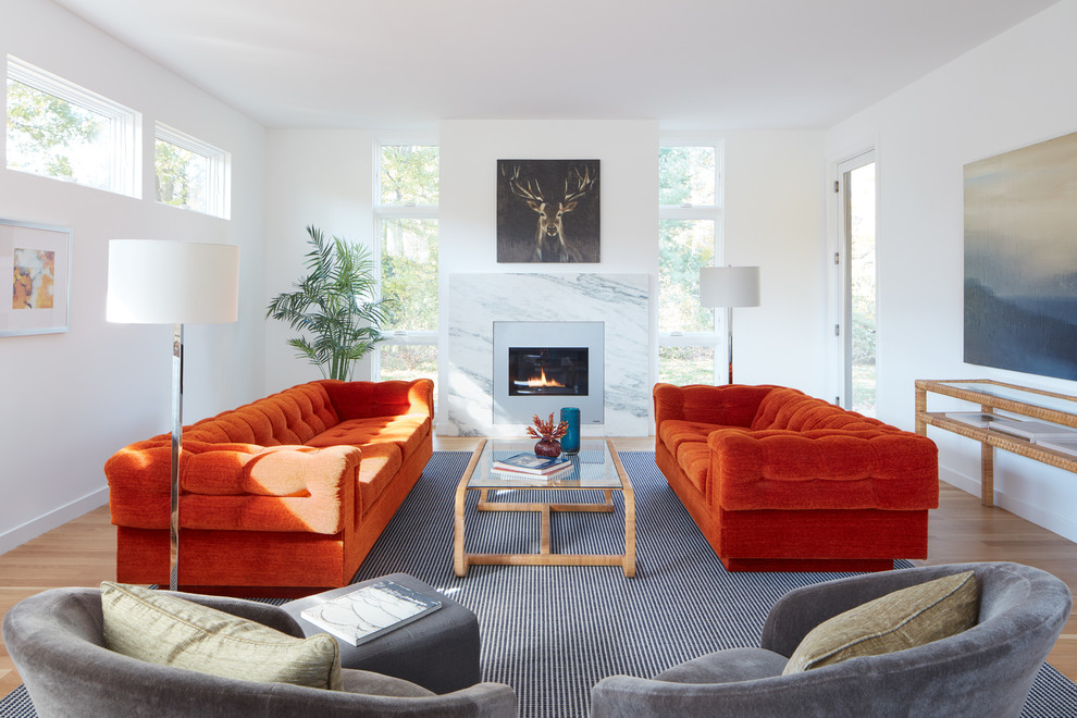 Photo of a contemporary formal enclosed living room in Boston with white walls, light hardwood flooring, a ribbon fireplace, no tv and brown floors.