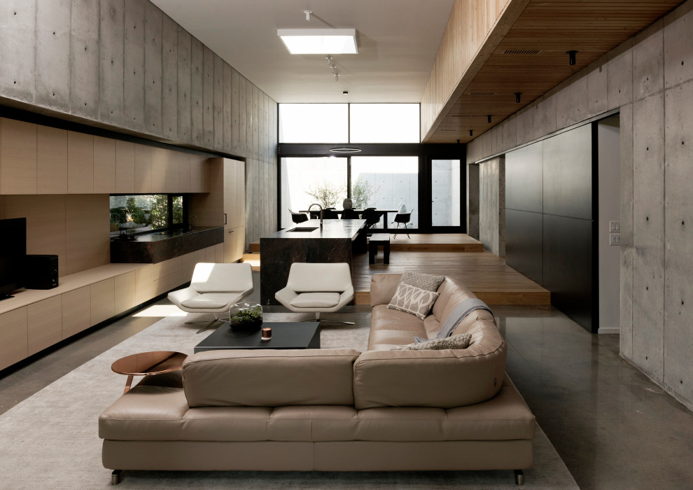 Aménagement d'un salon moderne ouvert avec un mur gris, sol en béton ciré, un téléviseur indépendant et un sol gris.