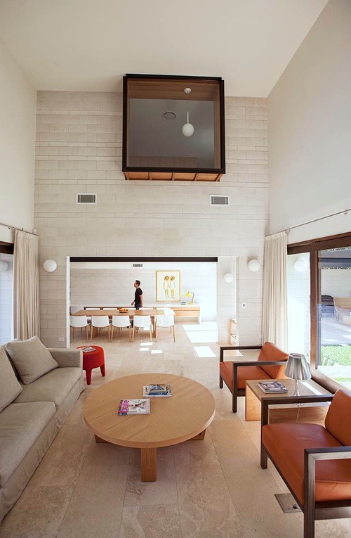 Photo of an expansive contemporary formal mezzanine living room in Brisbane with grey walls, travertine flooring, a freestanding tv and a ribbon fireplace.