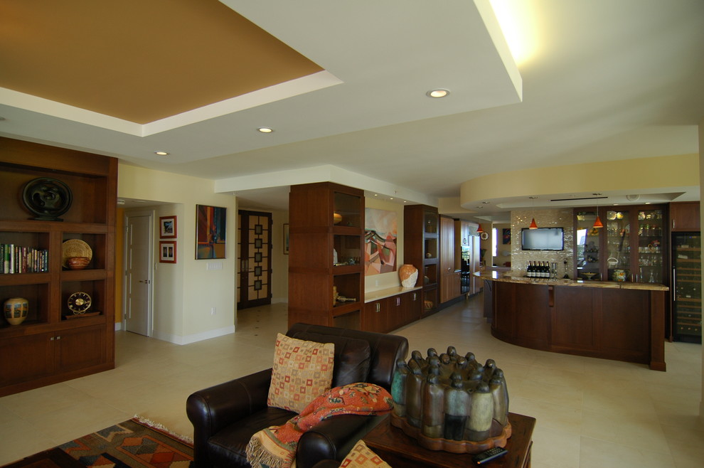 Foto di un grande soggiorno design con pavimento in gres porcellanato