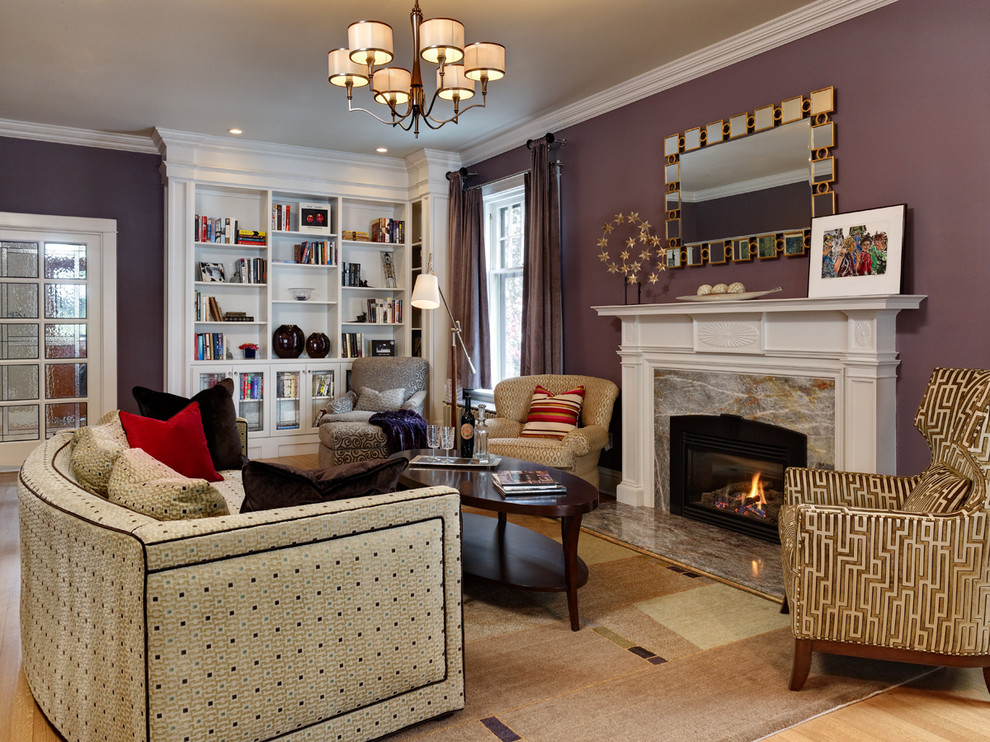 Exemple d'un grand salon éclectique ouvert avec une salle de réception, un mur violet, un manteau de cheminée en pierre, un sol en bois brun, un poêle à bois et aucun téléviseur.