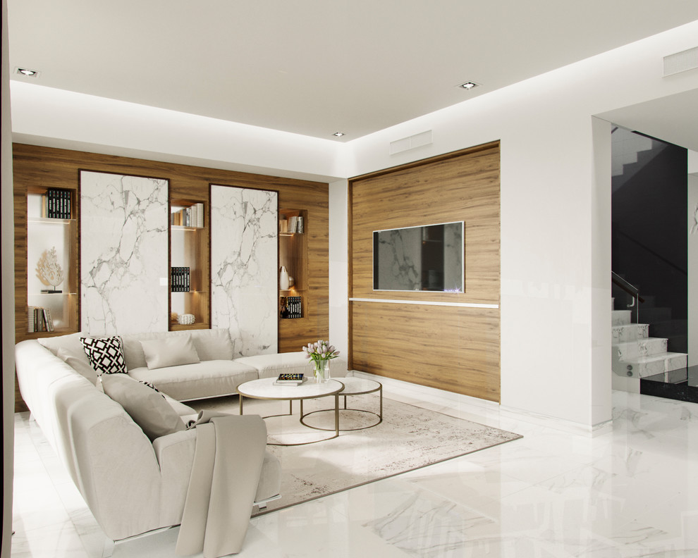 Ejemplo de salón para visitas abierto contemporáneo pequeño con paredes blancas, suelo de baldosas de porcelana, televisor colgado en la pared y suelo blanco