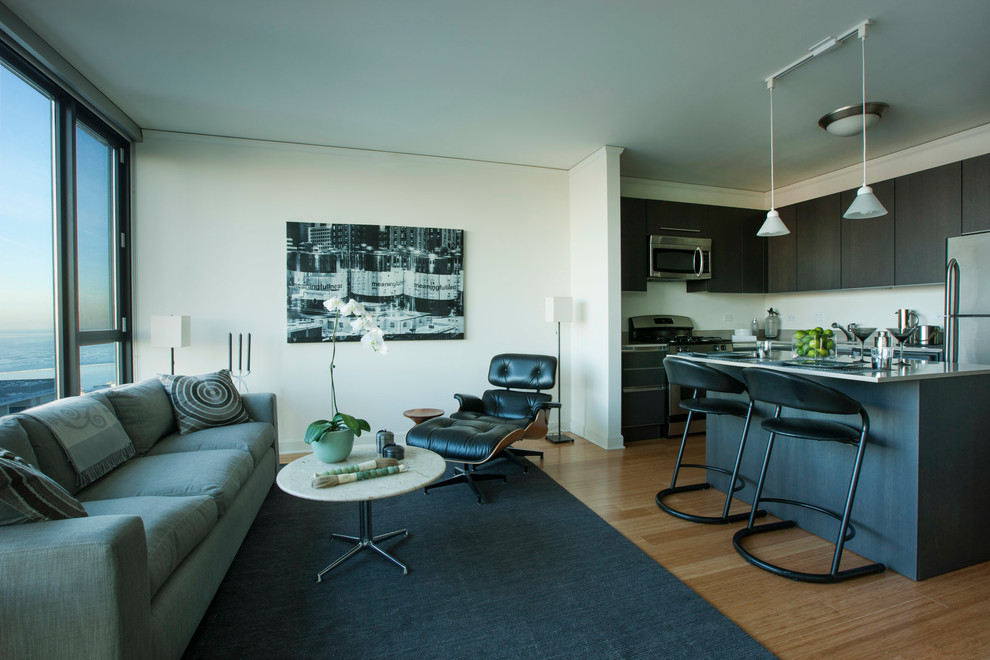 Kleines, Offenes, Fernseherloses Modernes Wohnzimmer ohne Kamin mit weißer Wandfarbe und braunem Holzboden in Chicago