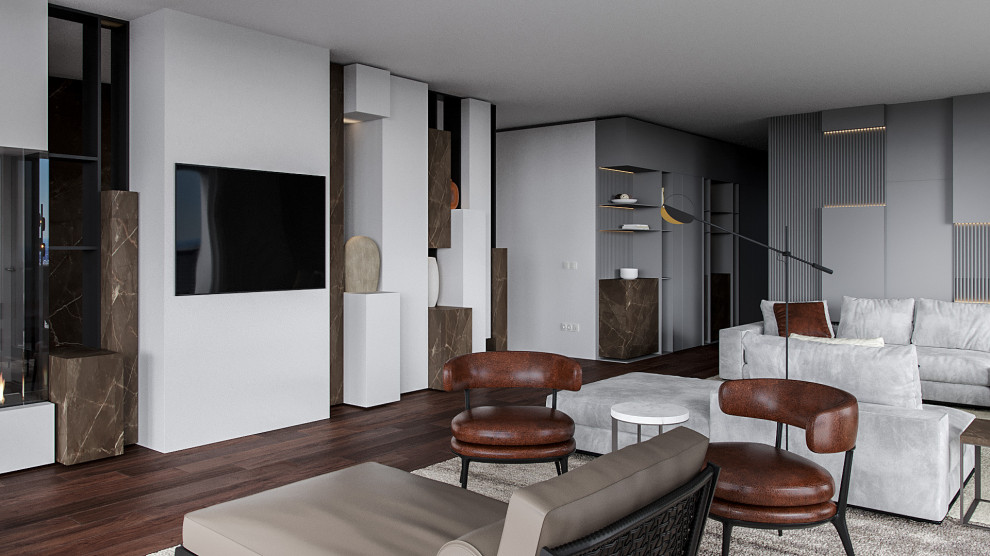 Пример оригинального дизайна: большая открытая гостиная комната в современном стиле с белыми стенами, темным паркетным полом, телевизором на стене и красным полом