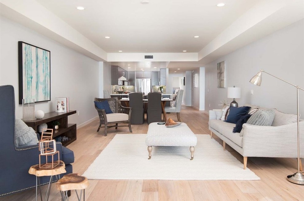Kleines Modernes Wohnzimmer mit hellem Holzboden in San Diego
