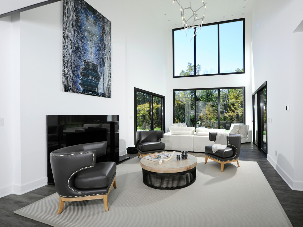 Foto di un grande soggiorno design con pareti bianche, parquet scuro, camino classico e pavimento grigio