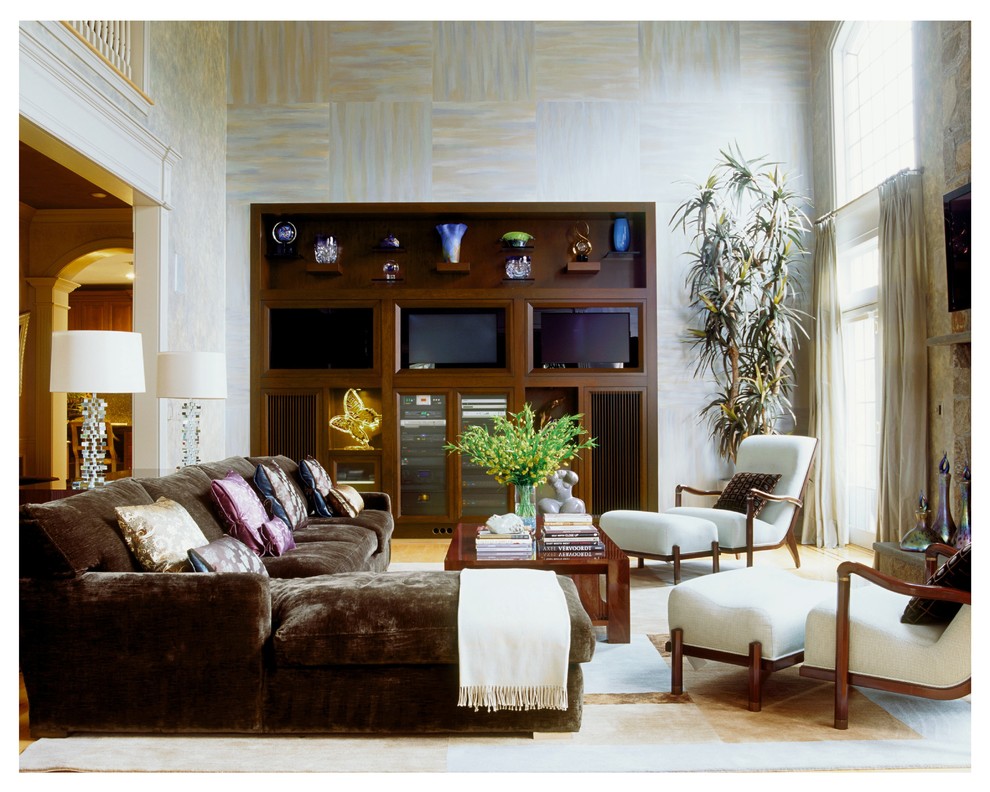 Photo of an expansive contemporary open plan living room in New York with multi-coloured walls, a built-in media unit and tatami flooring.