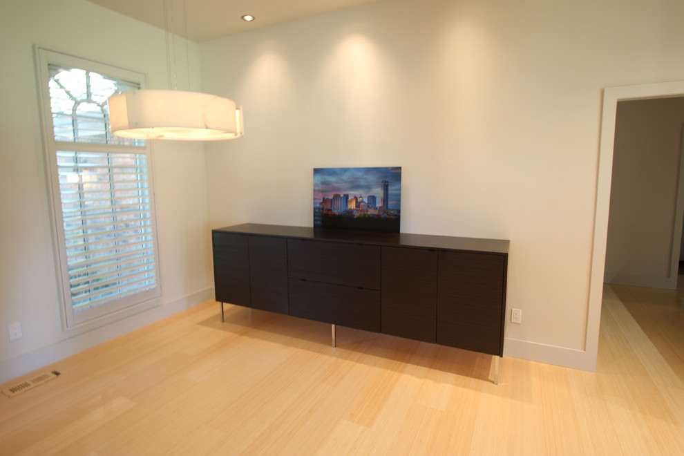 Photo of a medium sized contemporary open plan living room in Oklahoma City with white walls, light hardwood flooring, no fireplace and no tv.