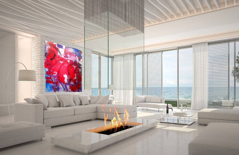 Idee per un ampio soggiorno moderno con sala formale, pareti bianche e pavimento in marmo
